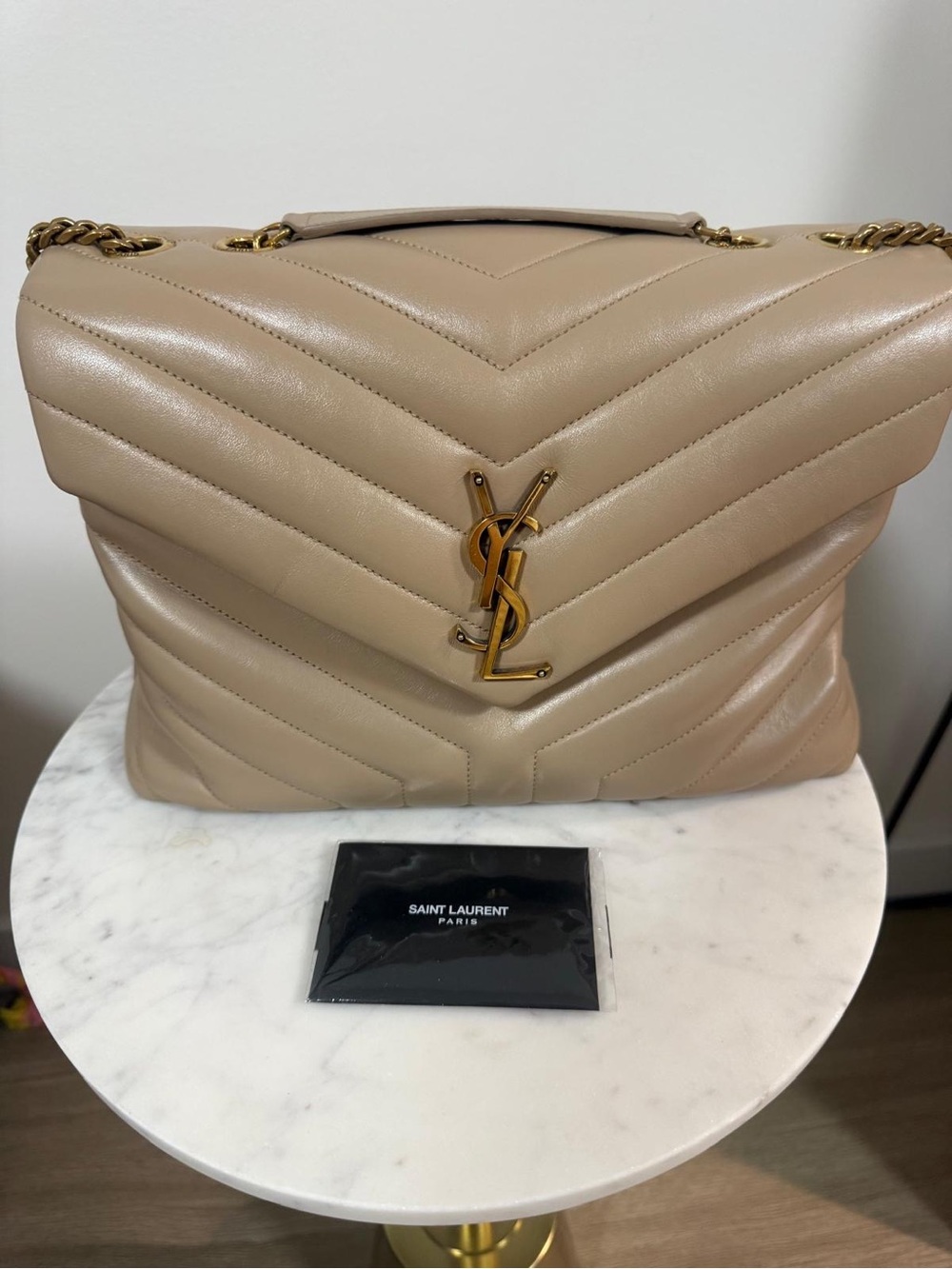 Saint Laurent Quilted Chevron Leather Shoulder Bag in Beige